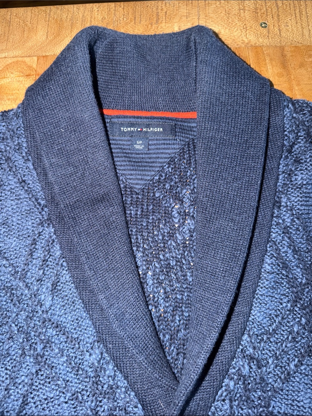 Tommy Hilfiger Navy Shawl Collar Cardigan with Red Contrast Trim - Picture 2 of 5